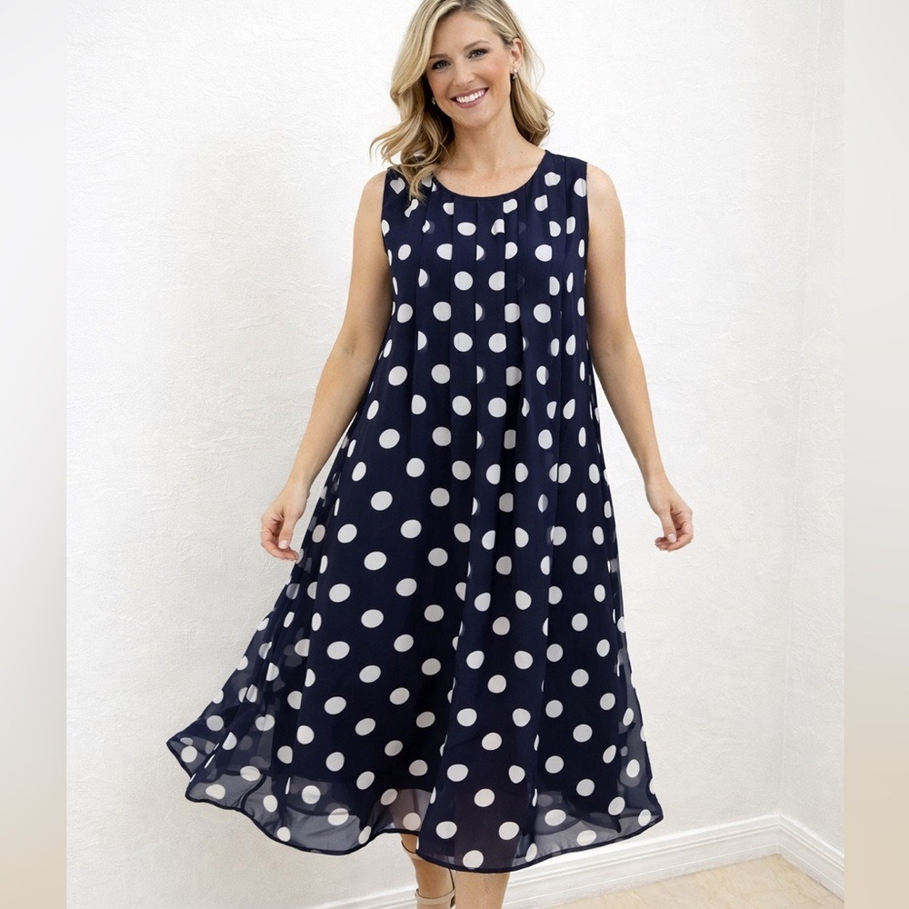 ILE New York Polka Dot Dress Women 14 Navy Blue Excellent Pleated Chiffon Shift